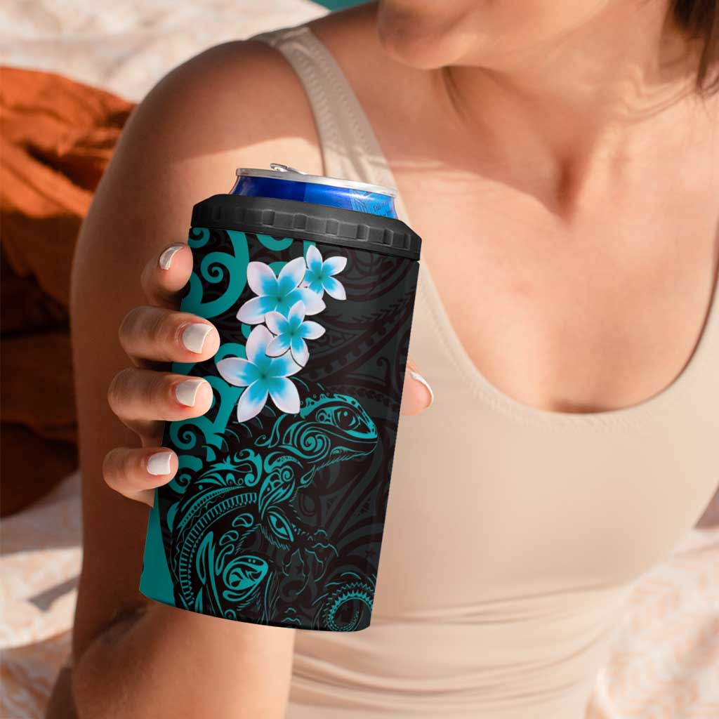 New Zealand Tuatara Plumeria 4 in 1 Can Cooler Tumbler Maori Teal Koru Tribal Tattoo