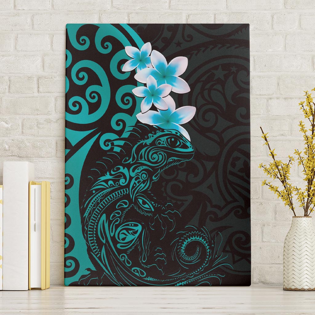 New Zealand Tuatara Plumeria Canvas Wall Art Maori Teal Koru Tribal Tattoo