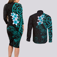 New Zealand Tuatara Plumeria Couples Matching Long Sleeve Bodycon Dress and Long Sleeve Button Shirt Maori Teal Koru Tribal Tattoo