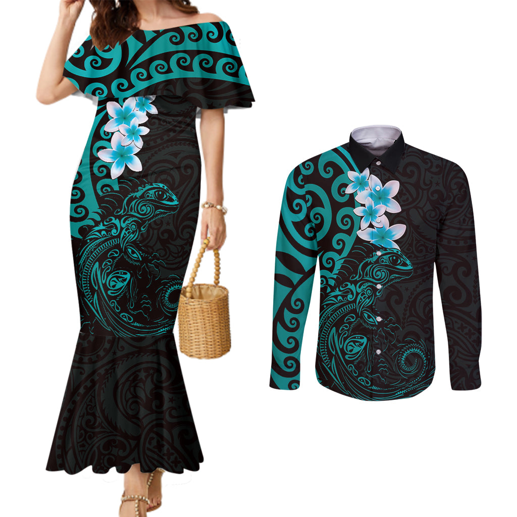 New Zealand Tuatara Plumeria Couples Matching Mermaid Dress and Long Sleeve Button Shirt Maori Teal Koru Tribal Tattoo