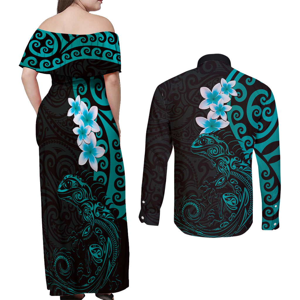 New Zealand Tuatara Plumeria Couples Matching Off Shoulder Maxi Dress and Long Sleeve Button Shirt Maori Teal Koru Tribal Tattoo