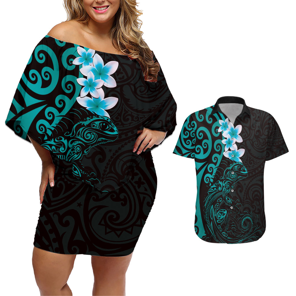 New Zealand Tuatara Plumeria Couples Matching Off Shoulder Short Dress and Hawaiian Shirt Maori Teal Koru Tribal Tattoo