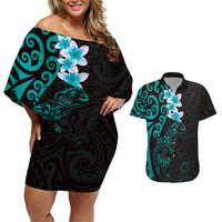New Zealand Tuatara Plumeria Couples Matching Off Shoulder Short Dress and Hawaiian Shirt Maori Teal Koru Tribal Tattoo