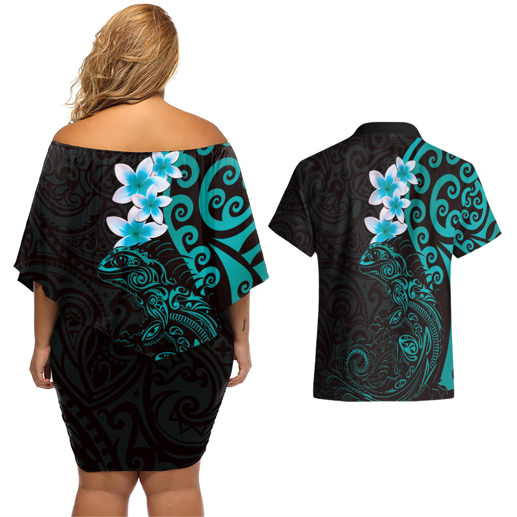 New Zealand Tuatara Plumeria Couples Matching Off Shoulder Short Dress and Hawaiian Shirt Maori Teal Koru Tribal Tattoo