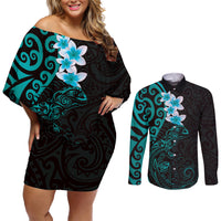 New Zealand Tuatara Plumeria Couples Matching Off Shoulder Short Dress and Long Sleeve Button Shirt Maori Teal Koru Tribal Tattoo