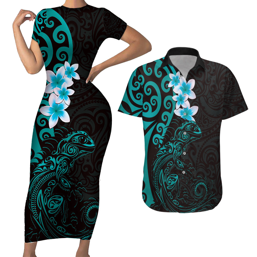 New Zealand Tuatara Plumeria Couples Matching Short Sleeve Bodycon Dress and Hawaiian Shirt Maori Teal Koru Tribal Tattoo LT01 Teal - Polynesian Pride
