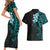 New Zealand Tuatara Plumeria Couples Matching Short Sleeve Bodycon Dress and Hawaiian Shirt Maori Teal Koru Tribal Tattoo