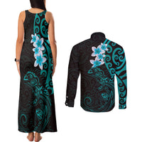 New Zealand Tuatara Plumeria Couples Matching Tank Maxi Dress and Long Sleeve Button Shirt Maori Teal Koru Tribal Tattoo