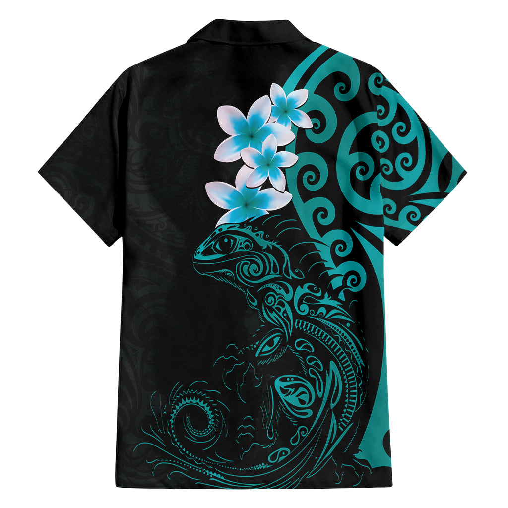 New Zealand Tuatara Plumeria Family Matching Off Shoulder Maxi Dress and Hawaiian Shirt Maori Teal Koru Tribal Tattoo