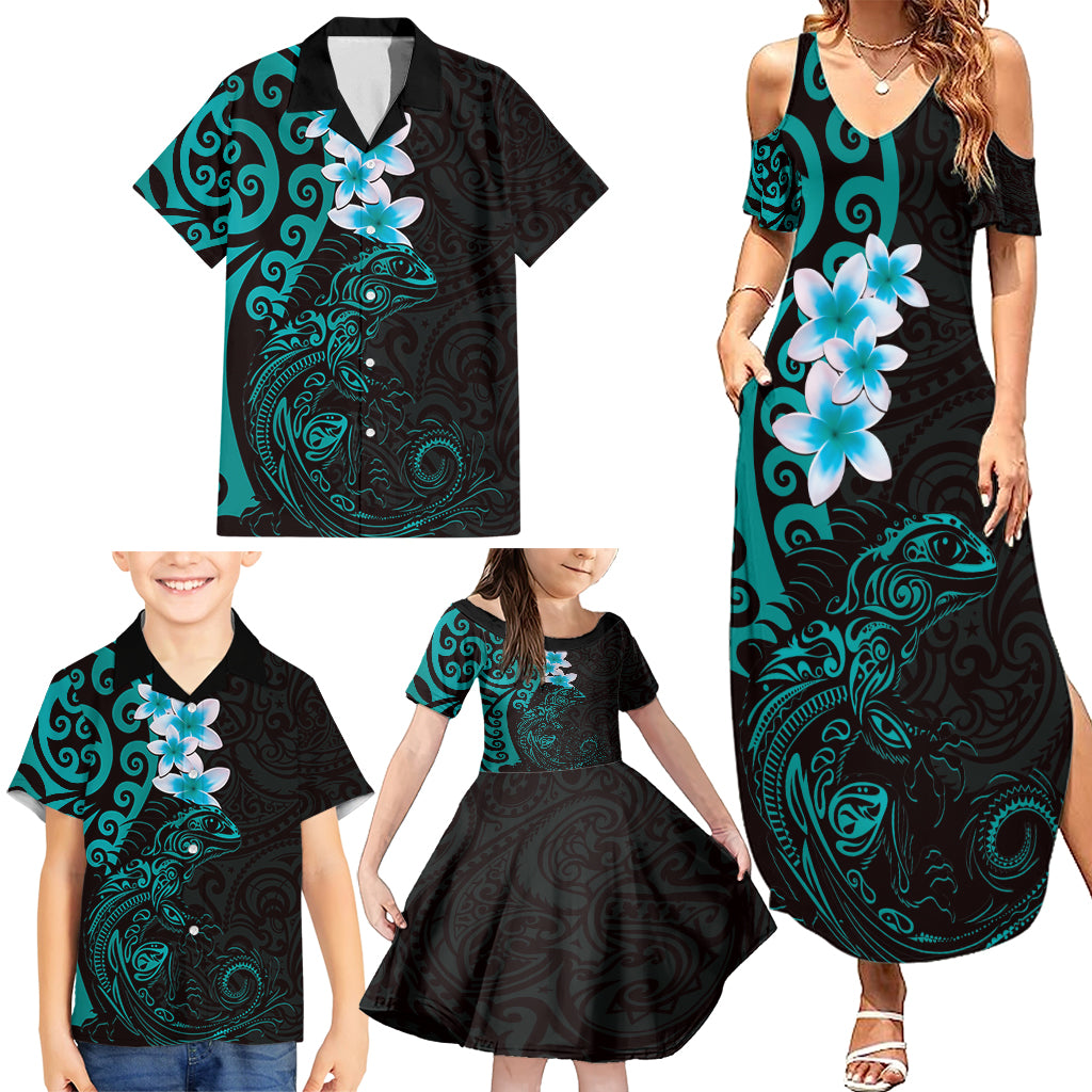 New Zealand Tuatara Plumeria Family Matching Summer Maxi Dress and Hawaiian Shirt Maori Teal Koru Tribal Tattoo