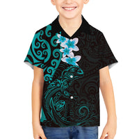 New Zealand Tuatara Plumeria Family Matching Summer Maxi Dress and Hawaiian Shirt Maori Teal Koru Tribal Tattoo LT01 Son's Shirt Teal - Polynesian Pride