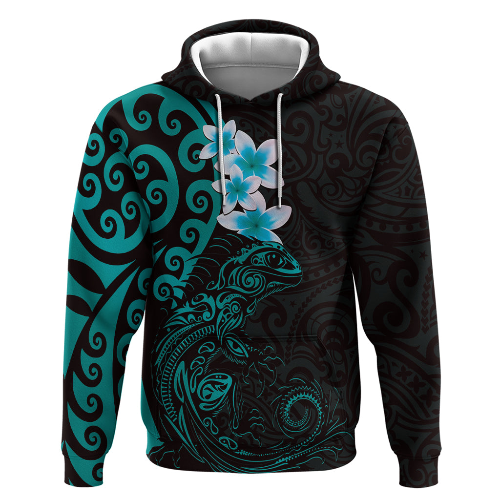 New Zealand Tuatara Plumeria Hoodie Maori Teal Koru Tribal Tattoo