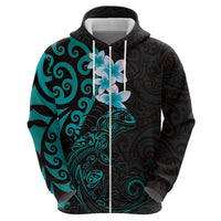 New Zealand Tuatara Plumeria Hoodie Maori Teal Koru Tribal Tattoo