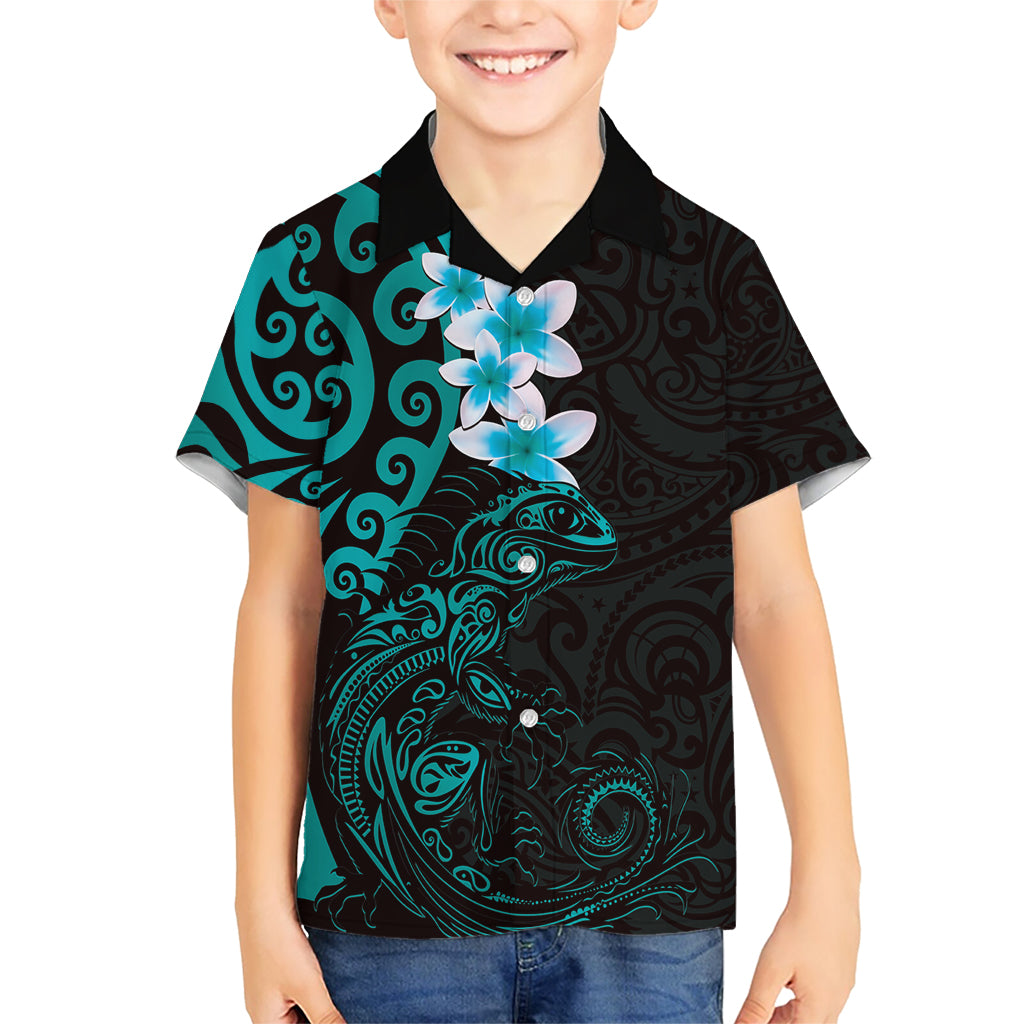 New Zealand Tuatara Plumeria Kid Hawaiian Shirt Maori Teal Koru Tribal Tattoo