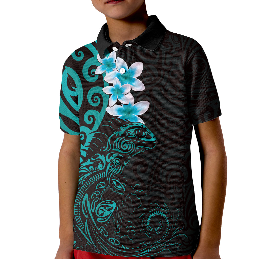 New Zealand Tuatara Plumeria Kid Polo Shirt Maori Teal Koru Tribal Tattoo