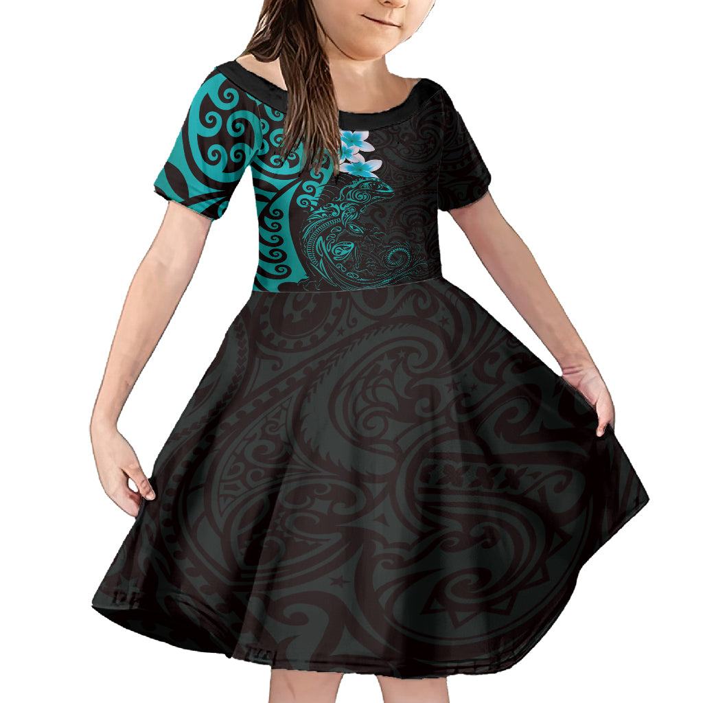 New Zealand Tuatara Plumeria Kid Short Sleeve Dress Maori Teal Koru Tribal Tattoo