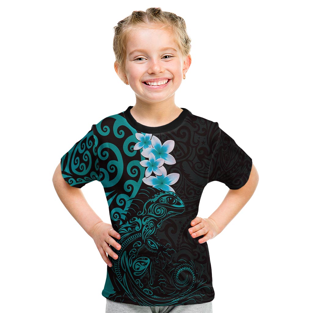 New Zealand Tuatara Plumeria Kid T Shirt Maori Teal Koru Tribal Tattoo