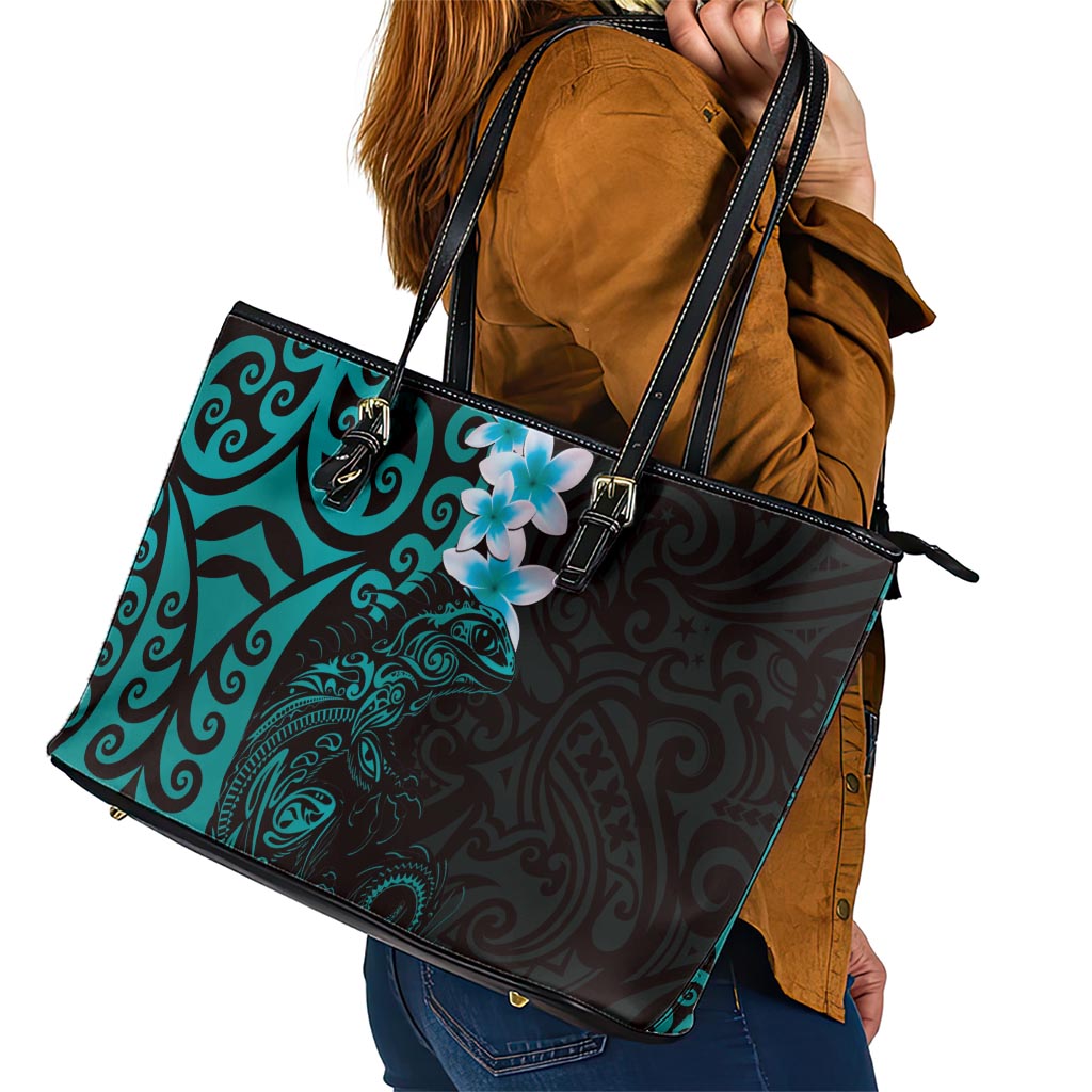 New Zealand Tuatara Plumeria Leather Tote Bag Maori Teal Koru Tribal Tattoo