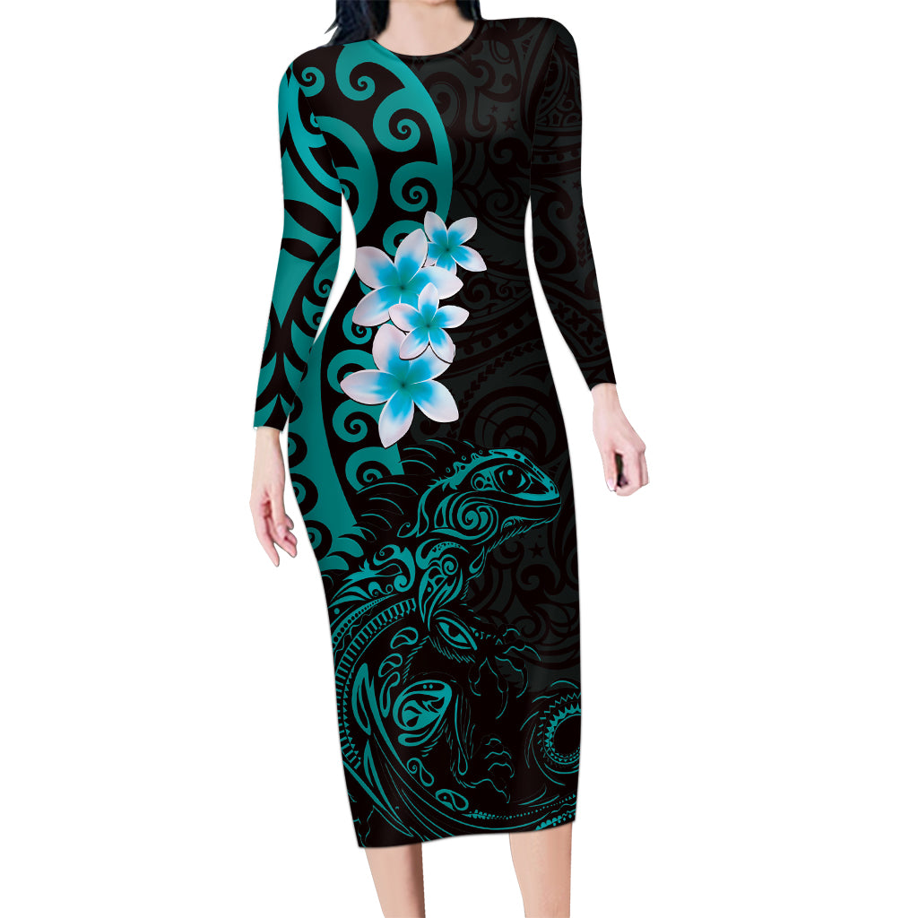 New Zealand Tuatara Plumeria Long Sleeve Bodycon Dress Maori Teal Koru Tribal Tattoo