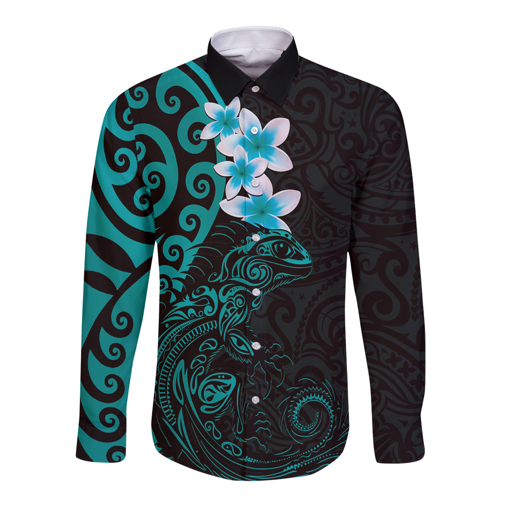 New Zealand Tuatara Plumeria Long Sleeve Button Shirt Maori Teal Koru Tribal Tattoo