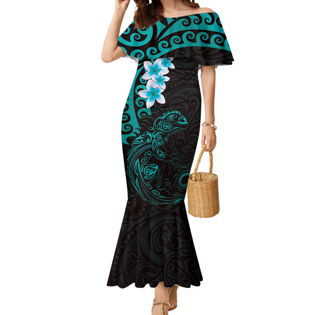 New Zealand Tuatara Plumeria Mermaid Dress Maori Teal Koru Tribal Tattoo