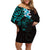 New Zealand Tuatara Plumeria Off Shoulder Short Dress Maori Teal Koru Tribal Tattoo