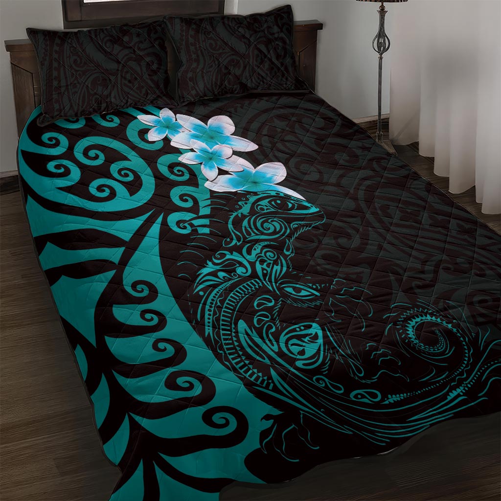 New Zealand Tuatara Plumeria Quilt Bed Set Maori Teal Koru Tribal Tattoo