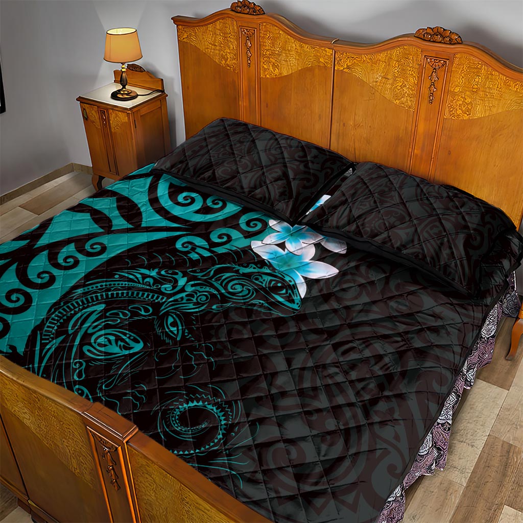 New Zealand Tuatara Plumeria Quilt Bed Set Maori Teal Koru Tribal Tattoo