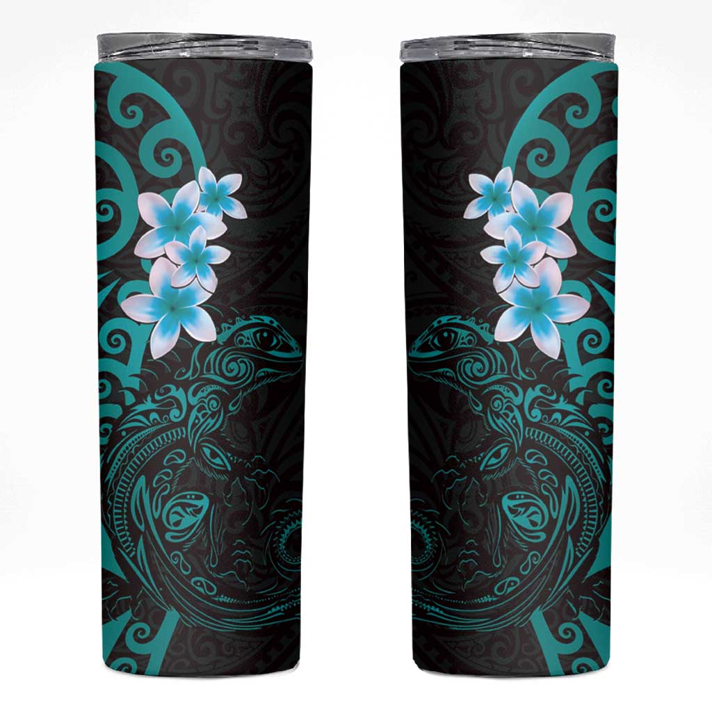 New Zealand Tuatara Plumeria Skinny Tumbler Maori Teal Koru Tribal Tattoo