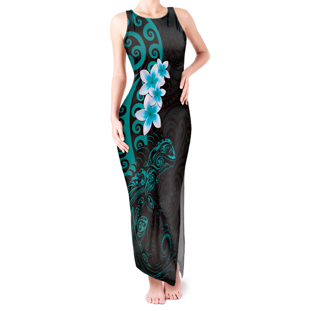 New Zealand Tuatara Plumeria Tank Maxi Dress Maori Teal Koru Tribal Tattoo