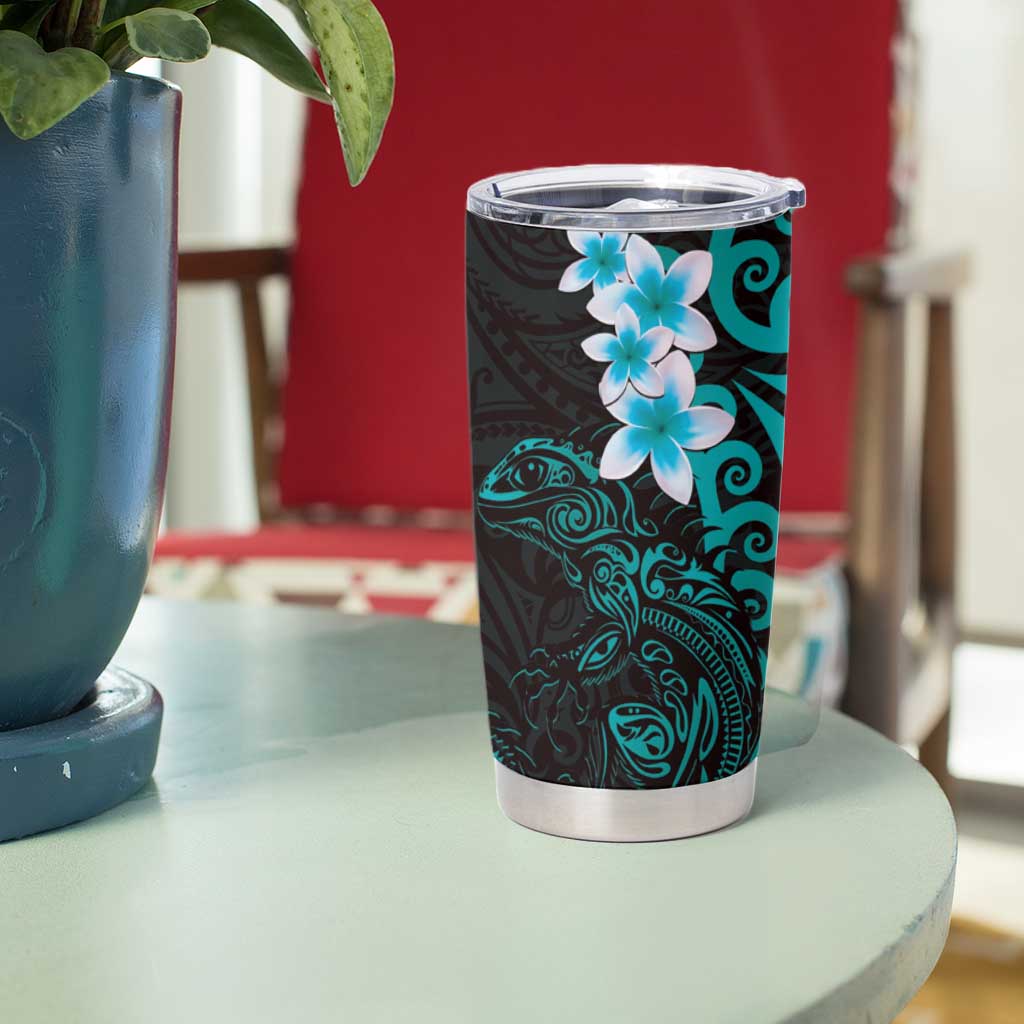 New Zealand Tuatara Plumeria Tumbler Cup Maori Teal Koru Tribal Tattoo