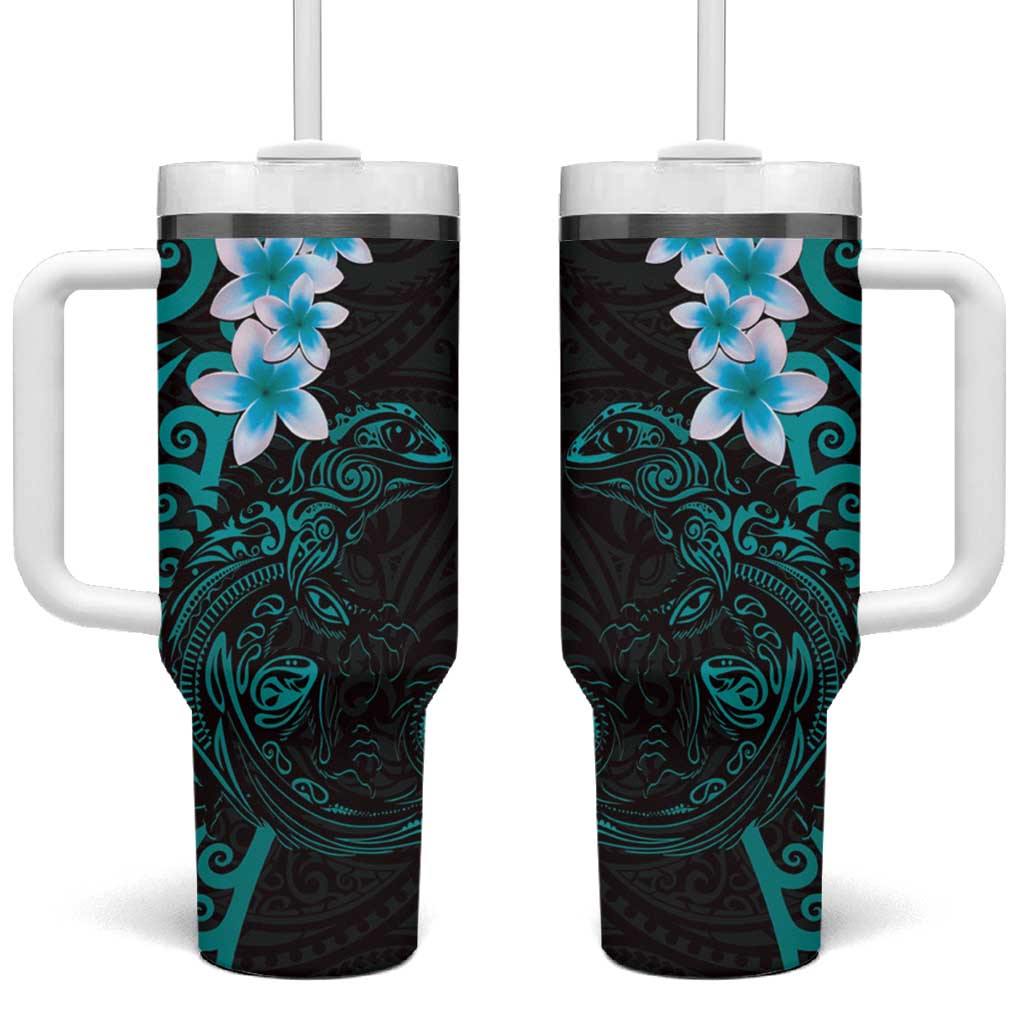 New Zealand Tuatara Plumeria Tumbler With Handle Maori Teal Koru Tribal Tattoo