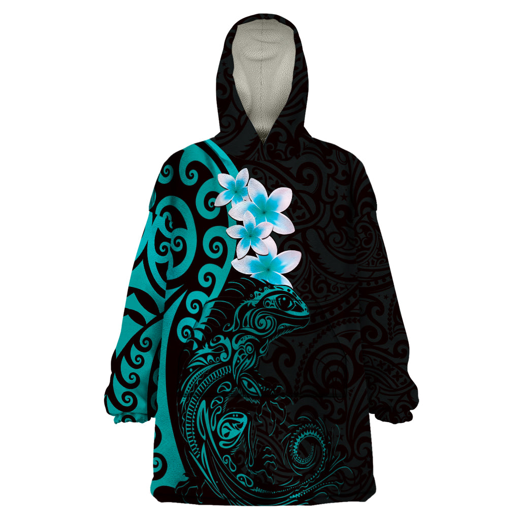 New Zealand Tuatara Plumeria Wearable Blanket Hoodie Maori Teal Koru Tribal Tattoo