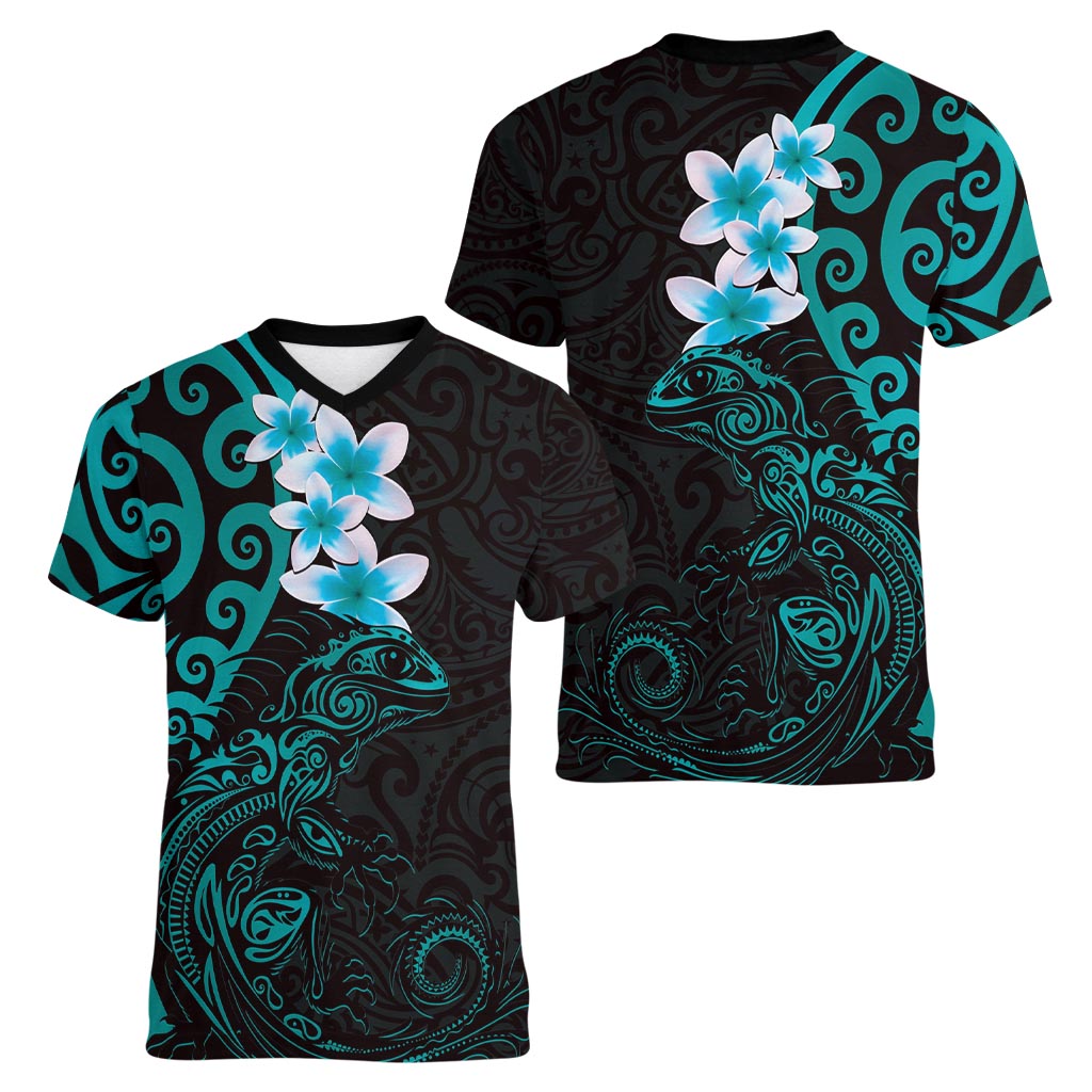 New Zealand Tuatara Plumeria Women V-Neck T-Shirt Maori Teal Koru Tribal Tattoo