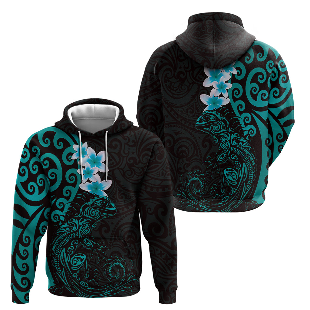 New Zealand Tuatara Plumeria Zip Hoodie Maori Teal Koru Tribal Tattoo