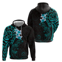 New Zealand Tuatara Plumeria Zip Hoodie Maori Teal Koru Tribal Tattoo
