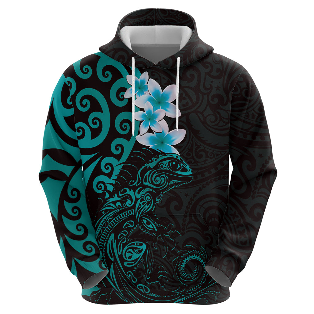 New Zealand Tuatara Plumeria Zip Hoodie Maori Teal Koru Tribal Tattoo