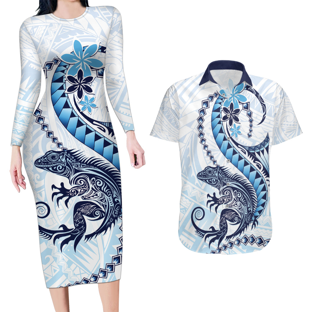 Blue Maori Tuatara Couples Matching Long Sleeve Bodycon Dress and Hawaiian Shirt Luxury Pastel Pattern LT01 Blue - Polynesian Pride