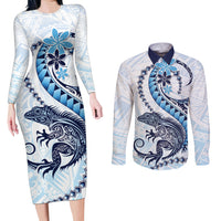 Blue Maori Tuatara Couples Matching Long Sleeve Bodycon Dress and Long Sleeve Button Shirt Luxury Pastel Pattern LT01 Blue - Polynesian Pride
