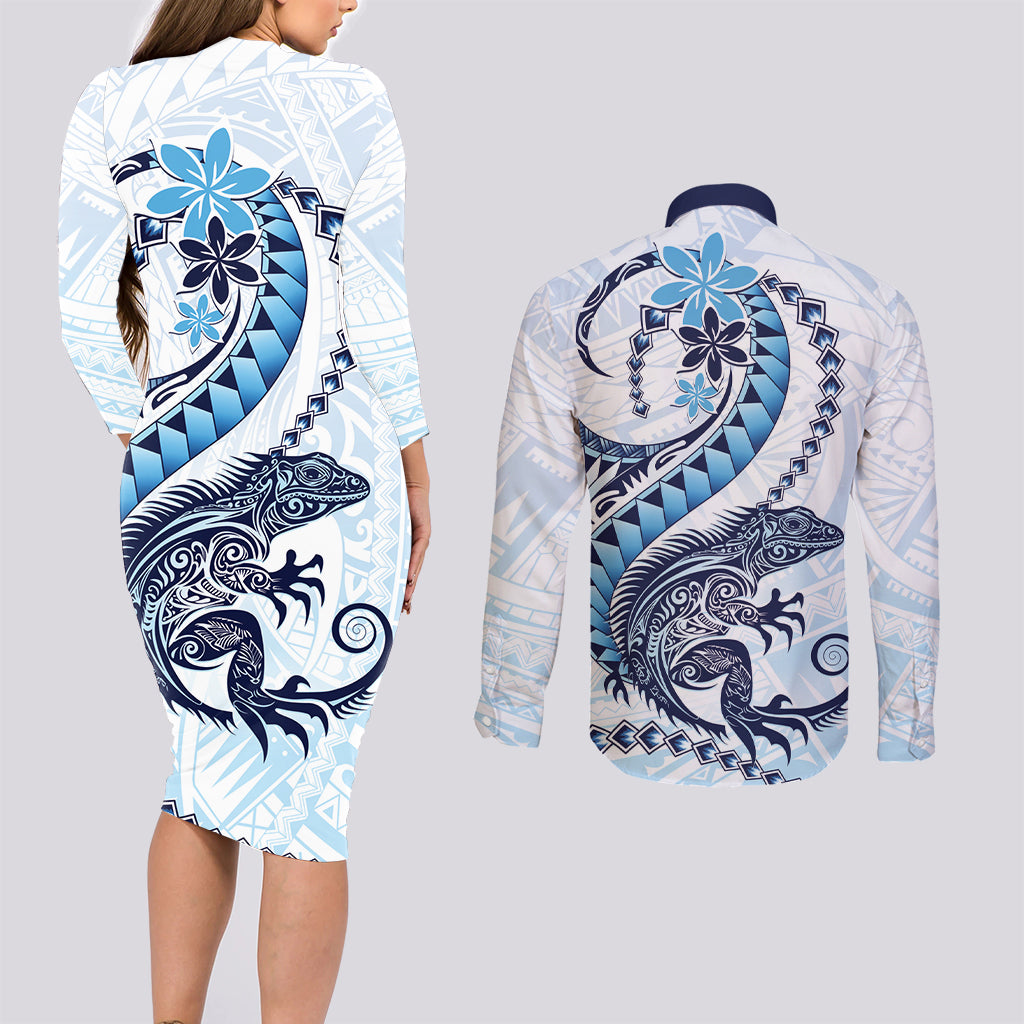 Blue Maori Tuatara Couples Matching Long Sleeve Bodycon Dress and Long Sleeve Button Shirt Luxury Pastel Pattern LT01 - Polynesian Pride