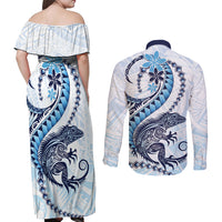 Blue Maori Tuatara Couples Matching Off Shoulder Maxi Dress and Long Sleeve Button Shirt Luxury Pastel Pattern LT01 - Polynesian Pride
