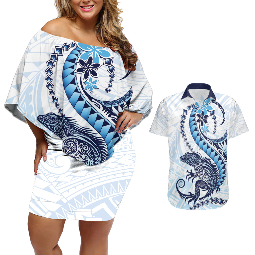 Blue Maori Tuatara Couples Matching Off Shoulder Short Dress and Hawaiian Shirt Luxury Pastel Pattern LT01 Blue - Polynesian Pride