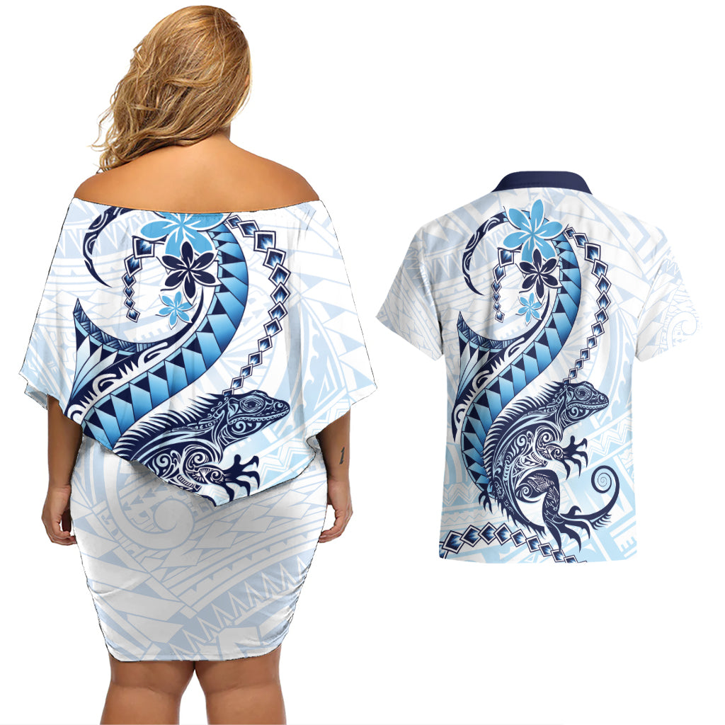 Blue Maori Tuatara Couples Matching Off Shoulder Short Dress and Hawaiian Shirt Luxury Pastel Pattern LT01 - Polynesian Pride