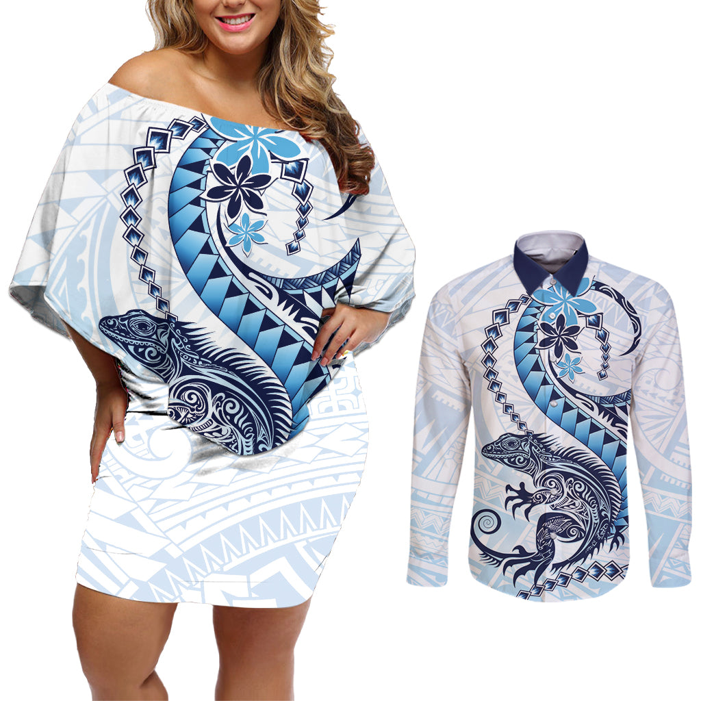 Blue Maori Tuatara Couples Matching Off Shoulder Short Dress and Long Sleeve Button Shirt Luxury Pastel Pattern LT01 Blue - Polynesian Pride