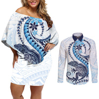 Blue Maori Tuatara Couples Matching Off Shoulder Short Dress and Long Sleeve Button Shirt Luxury Pastel Pattern LT01 Blue - Polynesian Pride