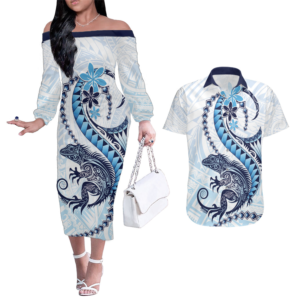 Blue Maori Tuatara Couples Matching Off The Shoulder Long Sleeve Dress and Hawaiian Shirt Luxury Pastel Pattern LT01 Blue - Polynesian Pride