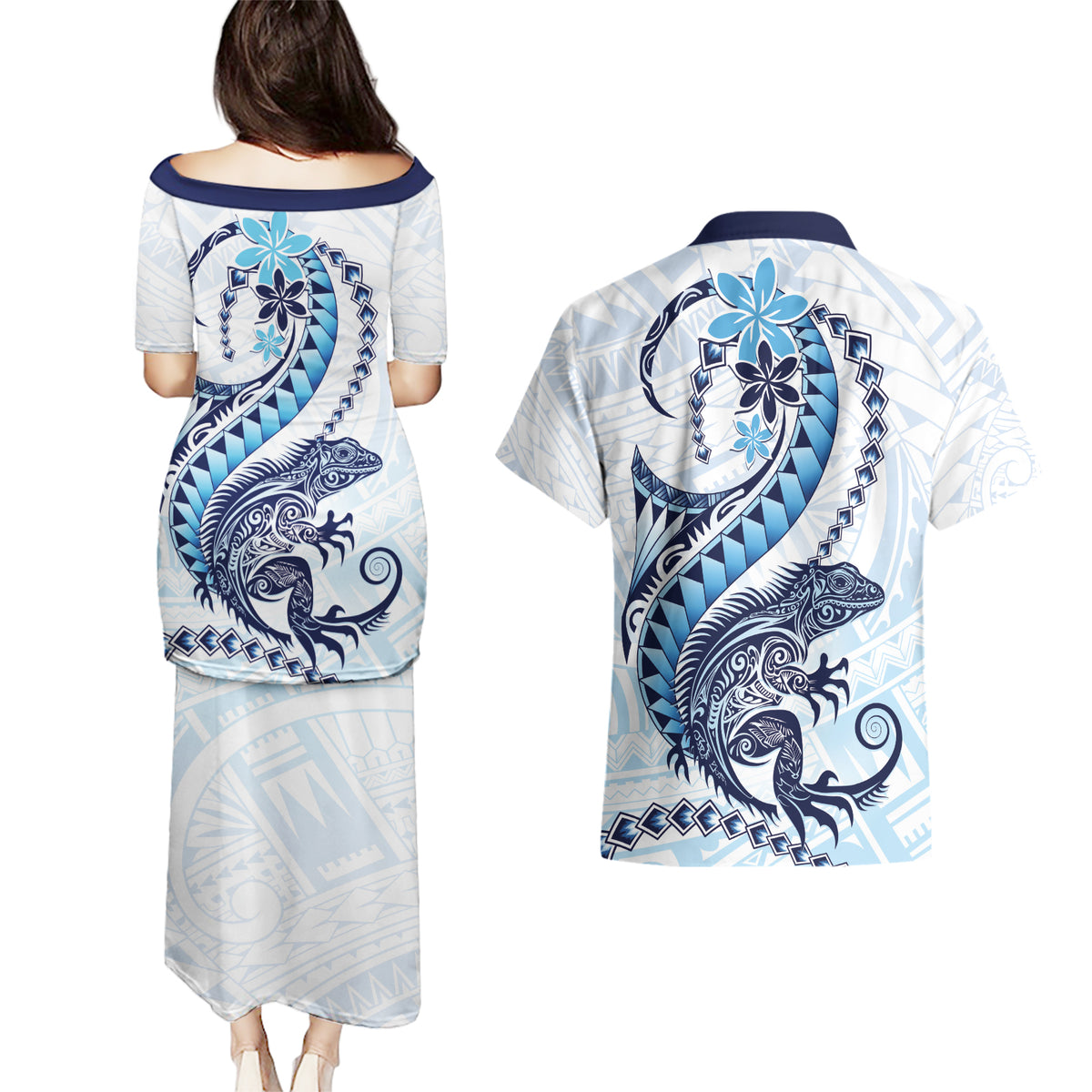 Blue Maori Tuatara Couples Matching Puletasi and Hawaiian Shirt Luxury Pastel Pattern LT01 - Polynesian Pride