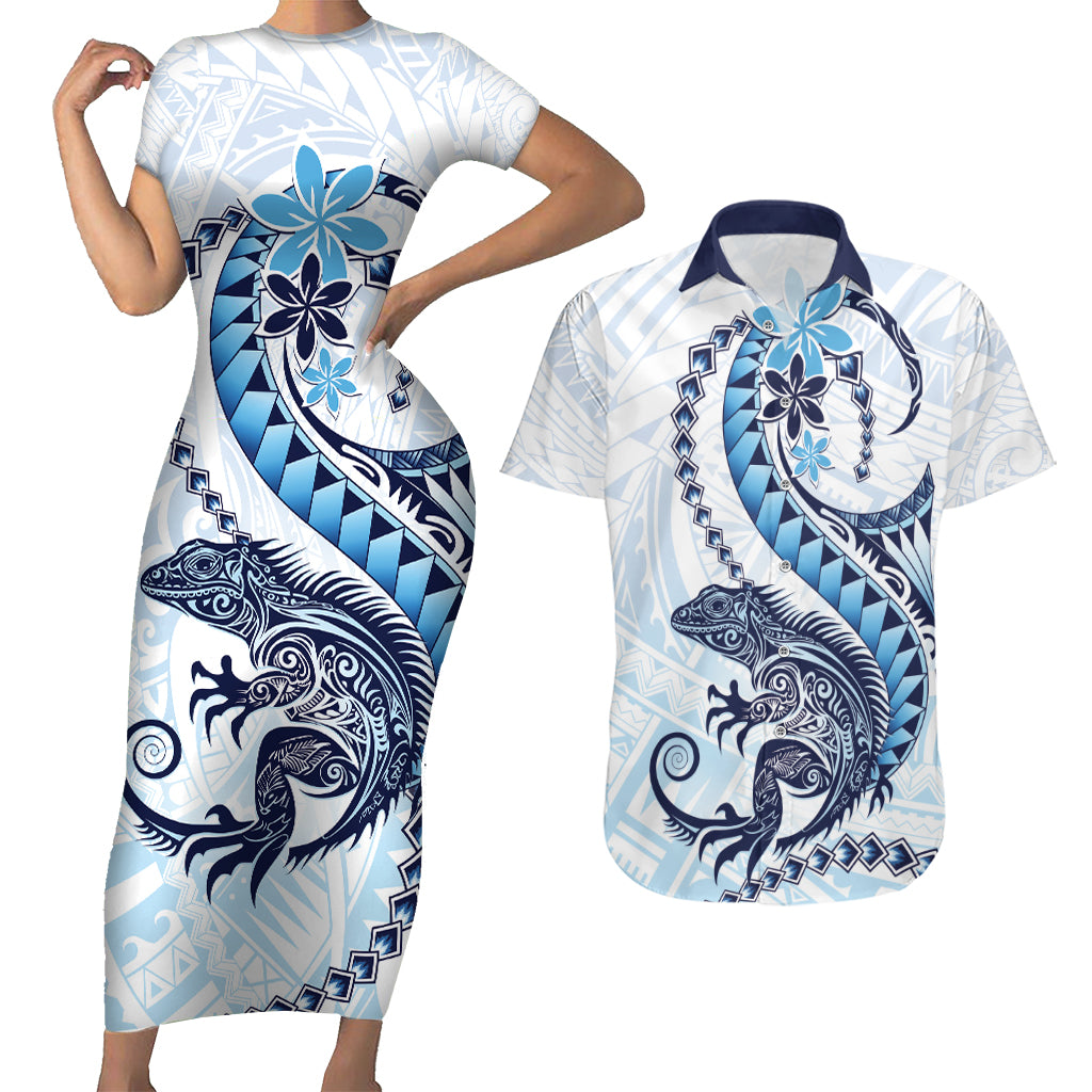 Blue Maori Tuatara Couples Matching Short Sleeve Bodycon Dress and Hawaiian Shirt Luxury Pastel Pattern LT01 Blue - Polynesian Pride