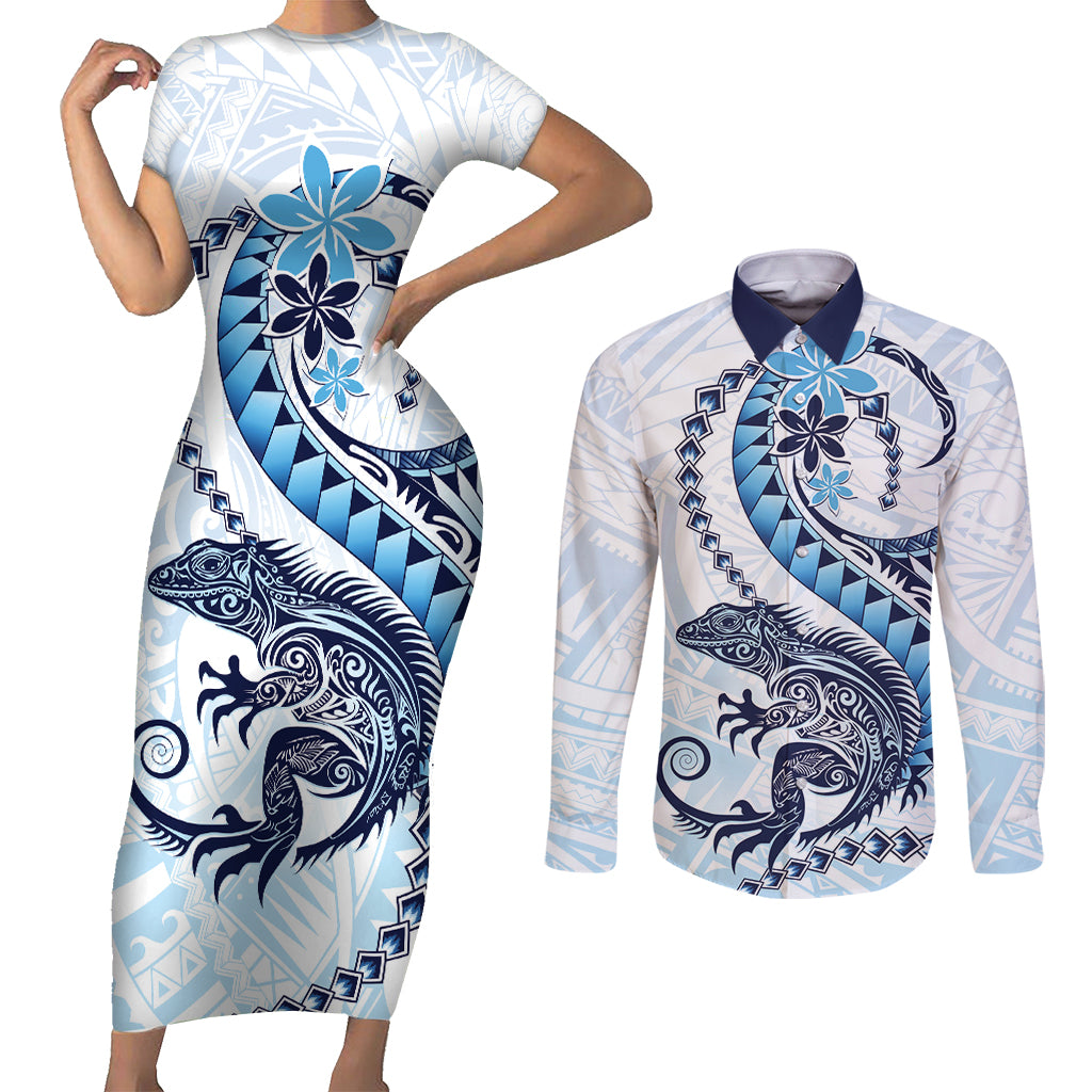 Blue Maori Tuatara Couples Matching Short Sleeve Bodycon Dress and Long Sleeve Button Shirt Luxury Pastel Pattern LT01 Blue - Polynesian Pride