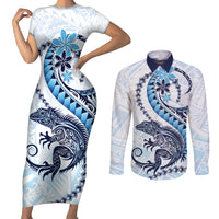 Blue Maori Tuatara Couples Matching Short Sleeve Bodycon Dress and Long Sleeve Button Shirt Luxury Pastel Pattern LT01 Blue - Polynesian Pride